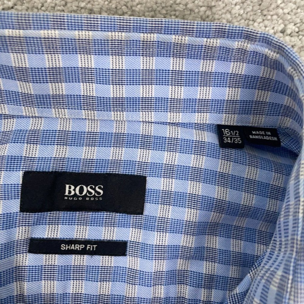 Hugo Boss Dress Shirt Mens 16.5 34/35 Blue Check Sharp Fit Long Sleeve Button Up - Picture 4 of 12